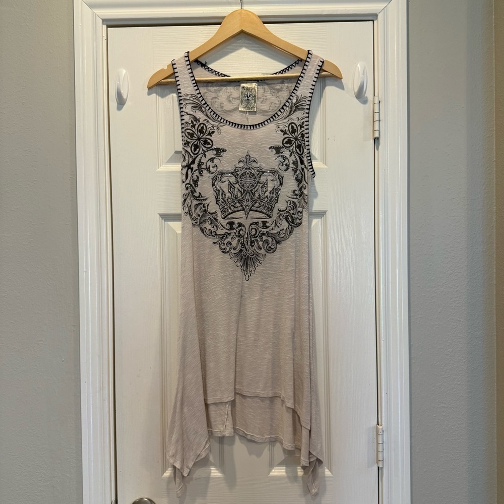 Vtg Y2K Vocal Crystal Tunic Top Womens S White Sleeveless Handkerchief Grunge